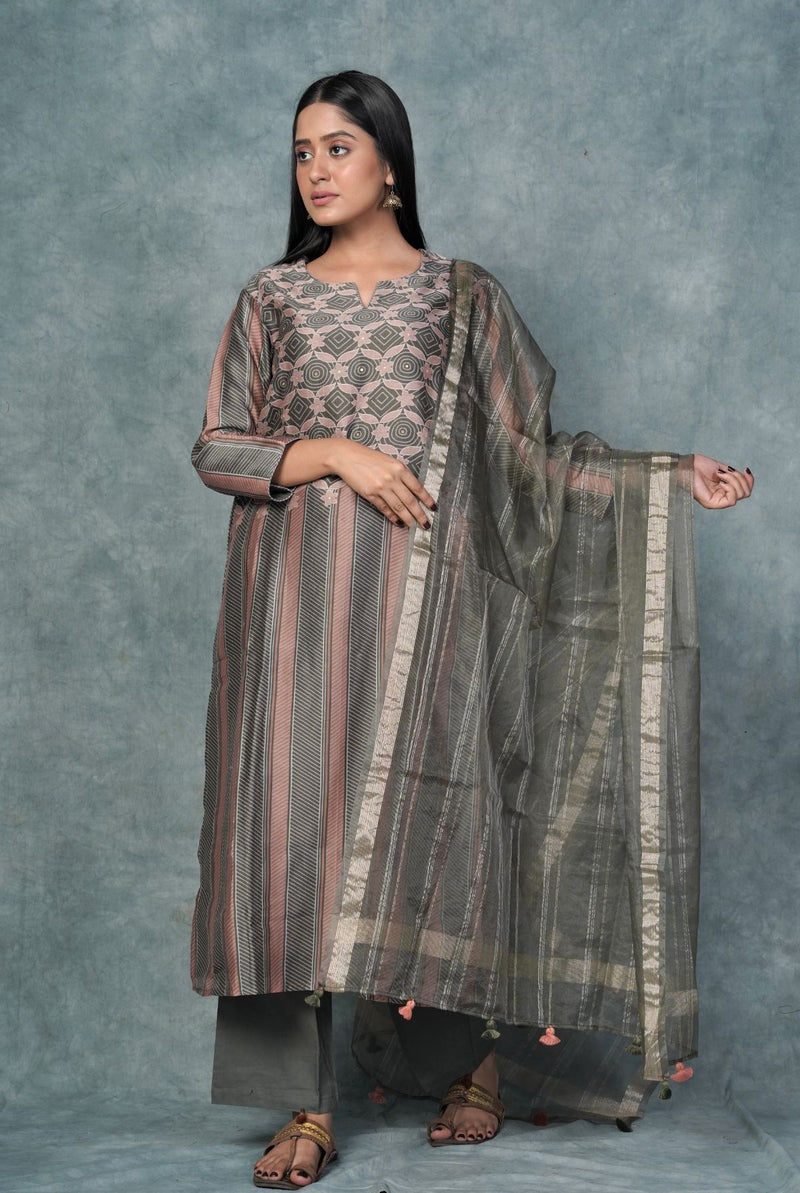 A women wearing pure chanderi printed salwar suit with organza dupatta, ethnic wear for women