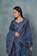 A women wearing prussian blue pure chanderi printed salwar suit, ethnic wear for women