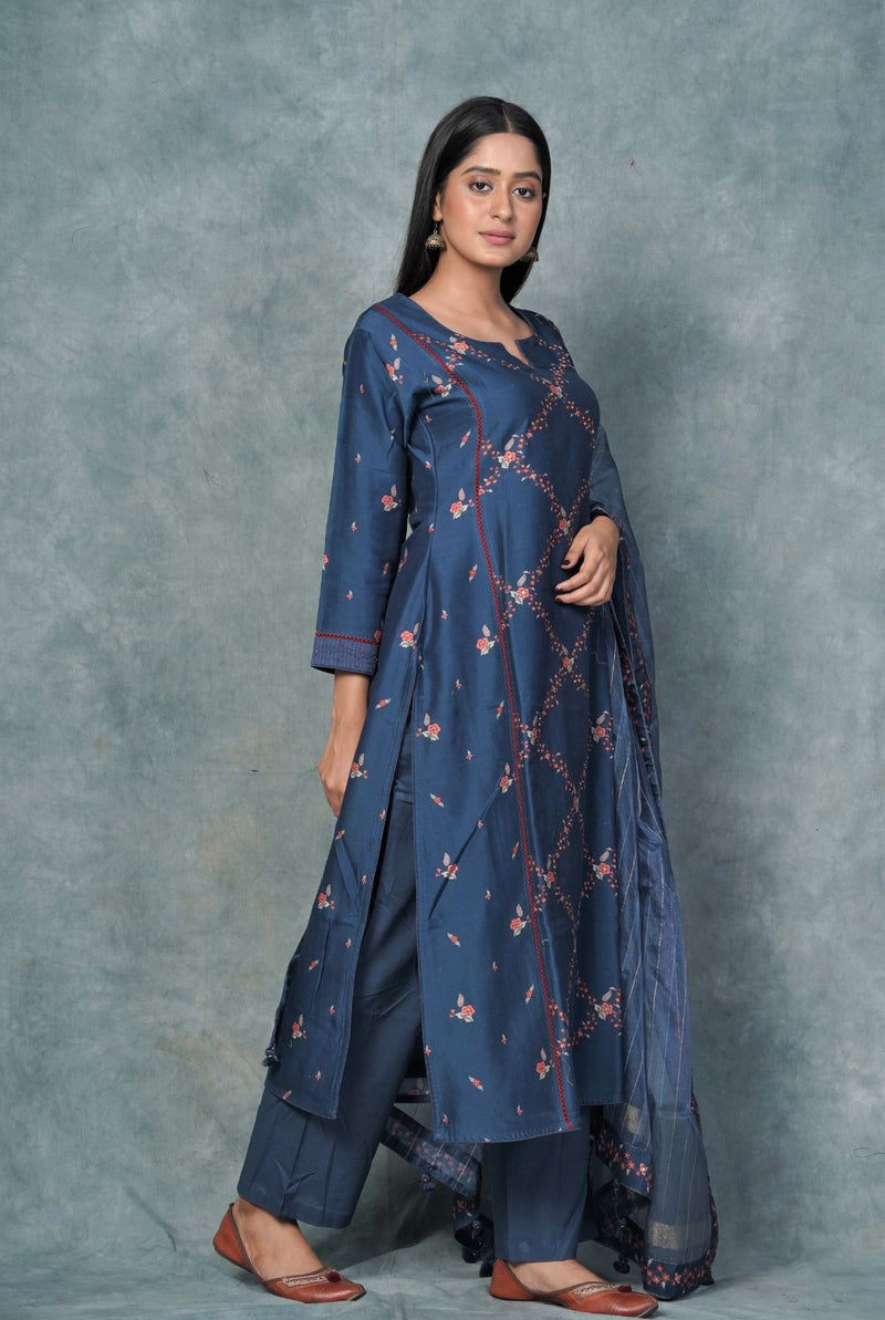 A women wearing prussian blue pure chanderi printed salwar suit, ethnic wear for women