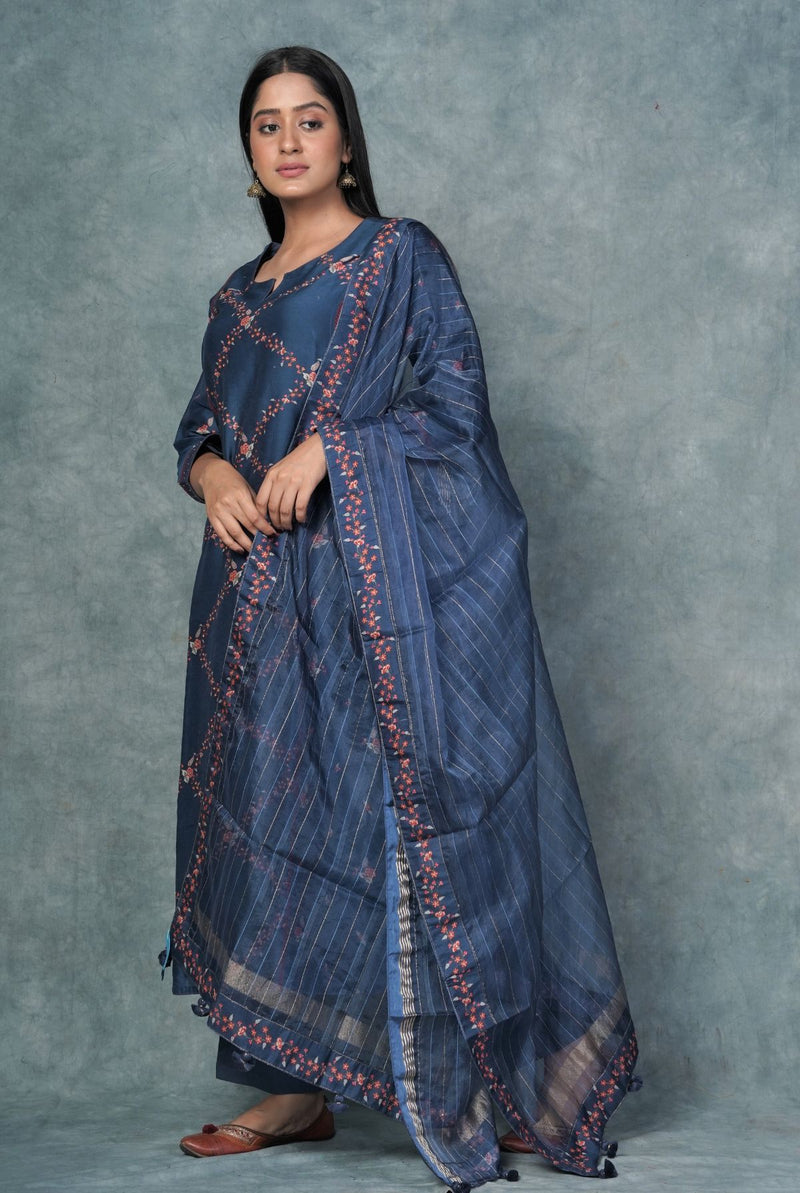 A women wearing prussian blue pure chanderi printed salwar suit, ethnic wear for women