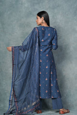 A women wearing prussian blue pure chanderi printed salwar suit, ethnic wear for women