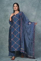 A women wearing prussian blue pure chanderi printed salwar suit, ethnic wear for women