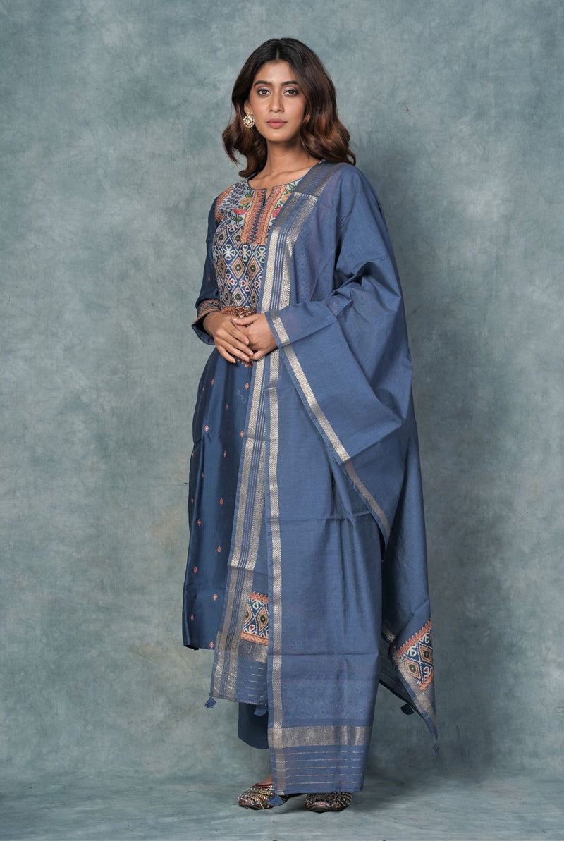 A women wearing prussian blue pure chanderi ethnic salwar suit, party wear for women