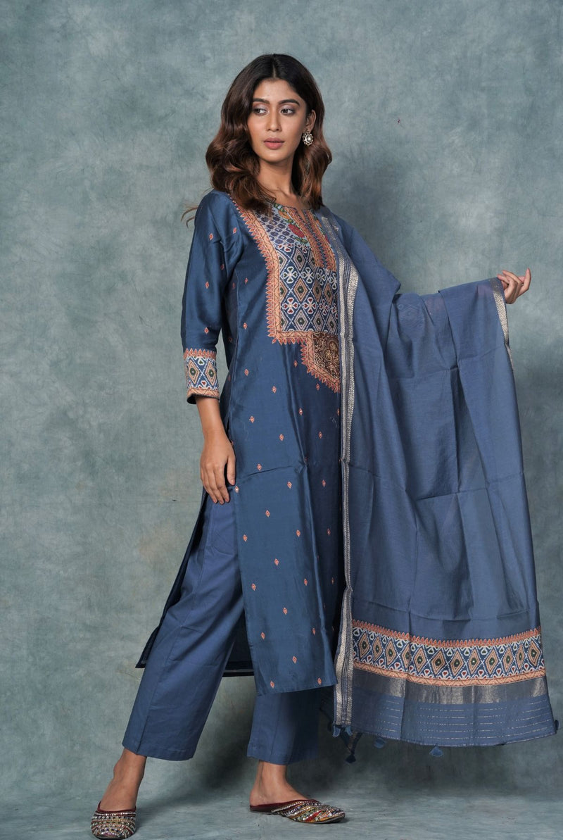 A women wearing prussian blue pure chanderi ethnic salwar suit, party wear for women