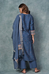 A women wearing prussian blue pure chanderi ethnic salwar suit, party wear for women