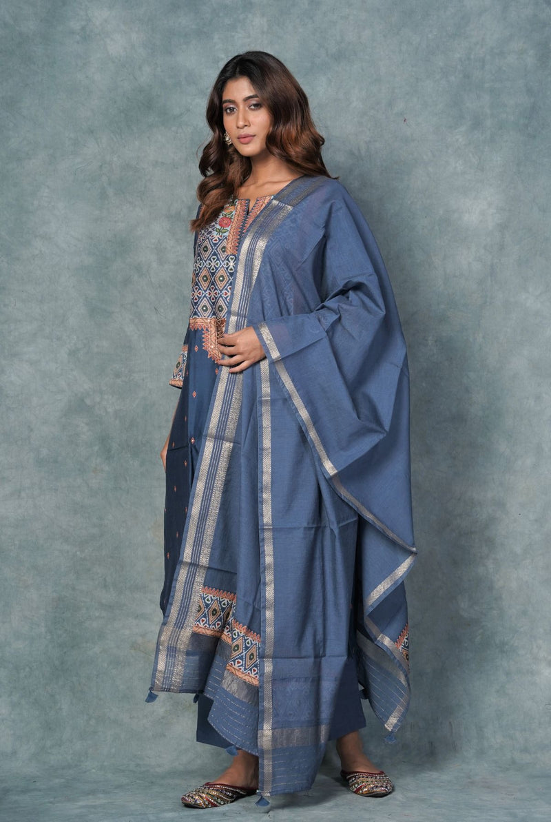 A women wearing prussian blue pure chanderi ethnic salwar suit, party wear for women
