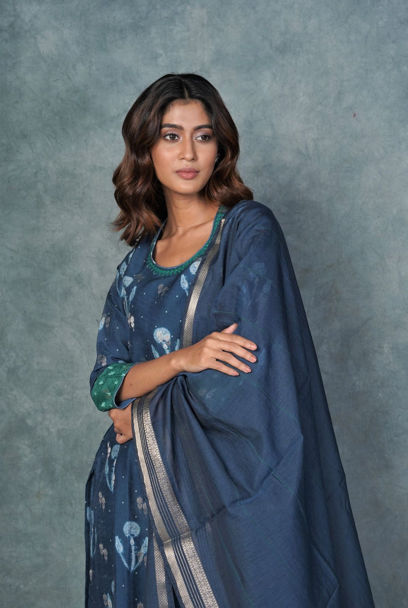 A women wearing deep blue pure chanderi printed salwar suit, ethnic wear for women