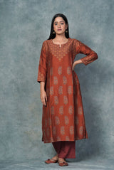 A women wearing rust pure chanderi printed kurti, ethnic wear for women