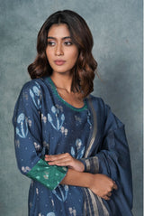 A women wearing deep blue pure chanderi printed salwar suit, ethnic wear for women
