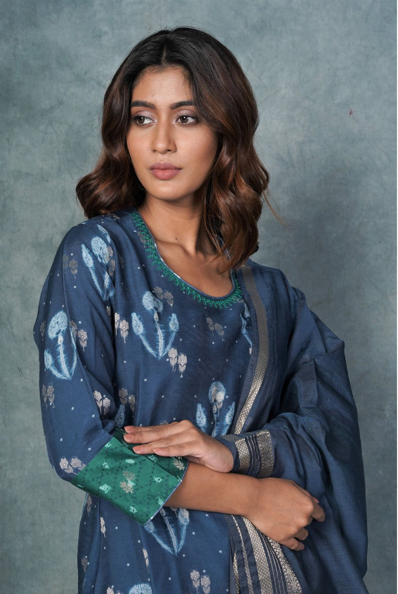 A women wearing deep blue pure chanderi printed salwar suit, ethnic wear for women