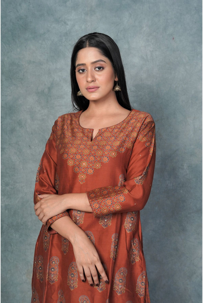 A women wearing rust pure chanderi printed kurti, ethnic wear for women