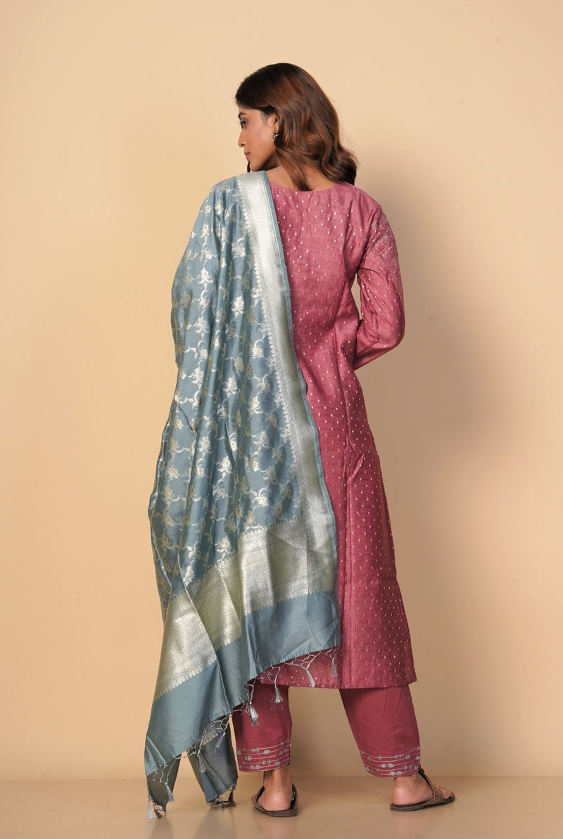 A women wearing gajri pure chanderi salwar suit paired with benarasi silk dupatta, ethnic wear for women