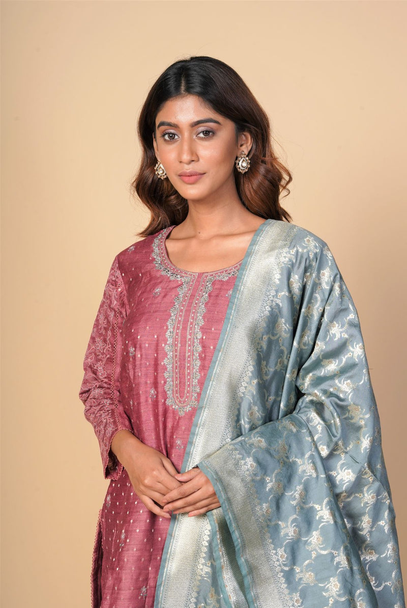 A women wearing gajri pure chanderi salwar suit paired with benarasi silk dupatta, ethnic wear for women