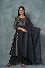 A women wearing midnight blue printed pure chanderi salwar suit, ethnic wear for women
