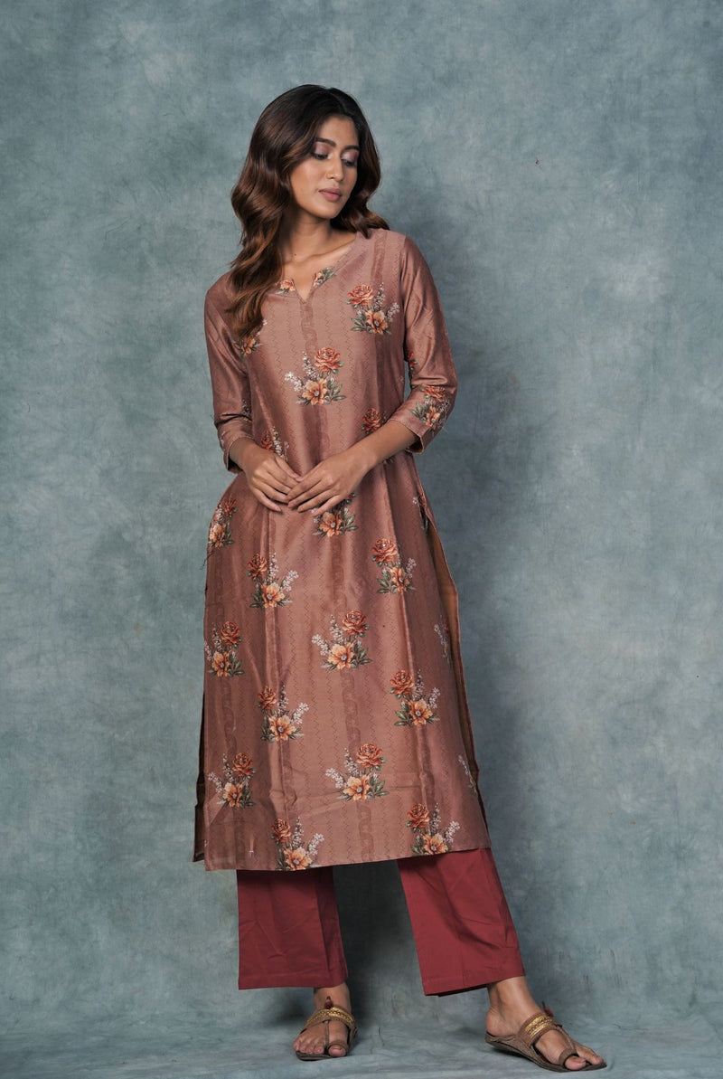 A women wearing dusty pink pure chanderi printed kurti, ethnic wear for women