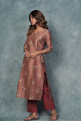 A women wearing dusty pink pure chanderi printed kurti, ethnic wear for women