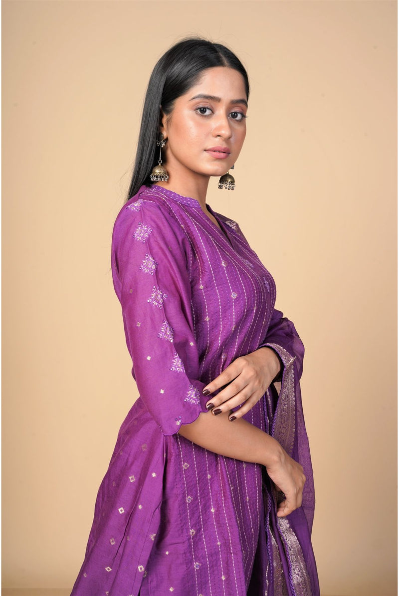 A women wearing purple pure chanderi kurti, ethnic wear for women