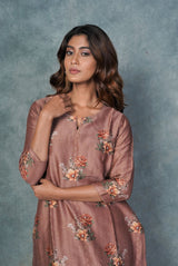 A women wearing dusty pink pure chanderi printed kurti, ethnic wear for women