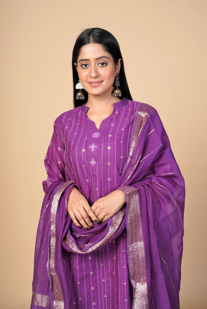 A women wearing purple pure chanderi kurti, ethnic wear for women