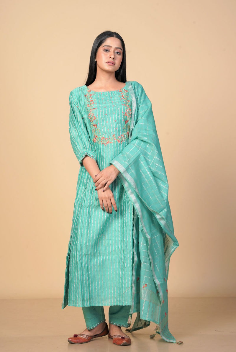 A women wearing green pure chanderi salwar suit, ethnic wear for women