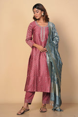 A women wearing gajri pure chanderi salwar suit paired with benarasi silk dupatta, ethnic wear for women