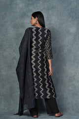 A women wearing midnight blue printed pure chanderi salwar suit, ethnic wear for women