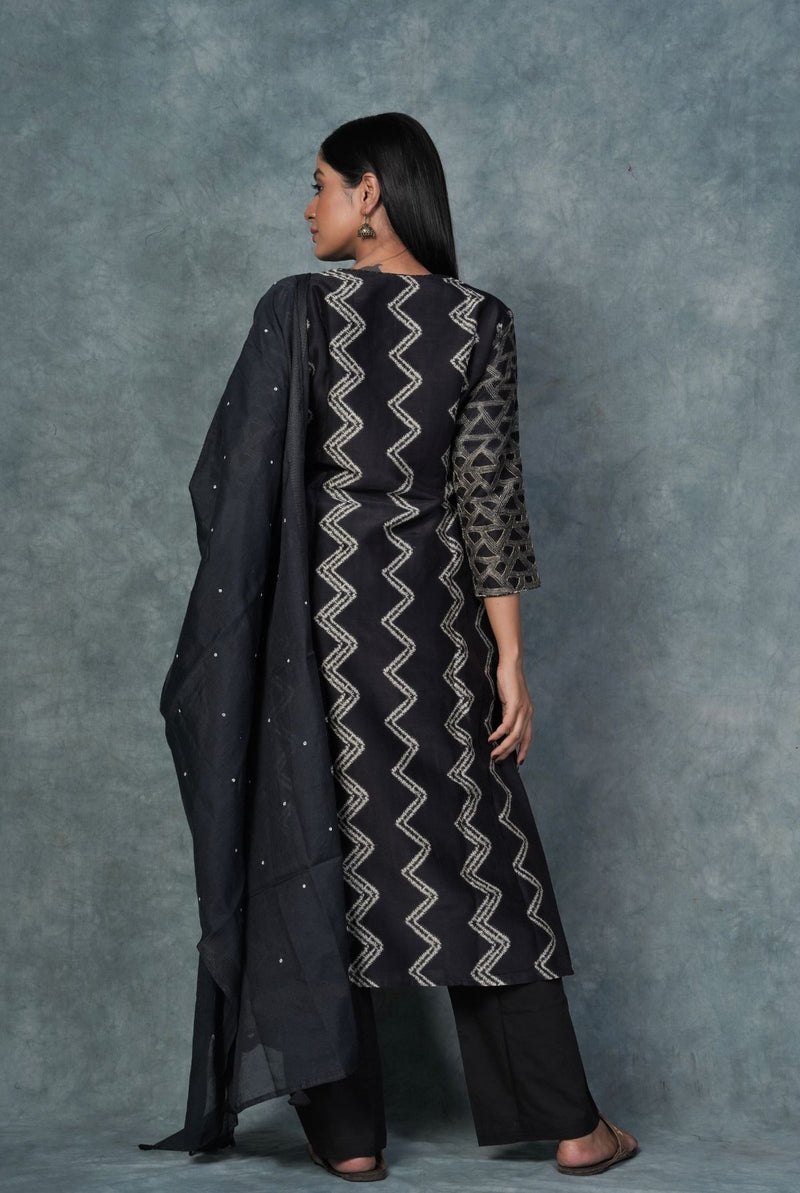 A women wearing midnight blue printed pure chanderi salwar suit, ethnic wear for women