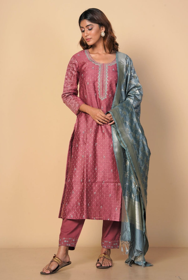 A women wearing gajri pure chanderi salwar suit paired with benarasi silk dupatta, ethnic wear for women