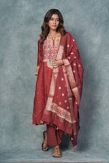 A women wearing dark red pure chanderi printed salwar suit, ethnic wear for women