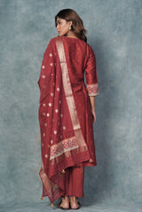 A women wearing dark red pure chanderi printed salwar suit, ethnic wear for women