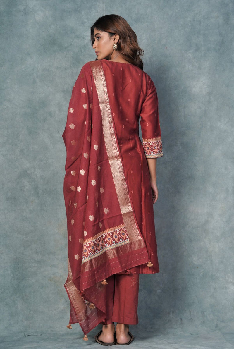 A women wearing dark red pure chanderi printed salwar suit, ethnic wear for women