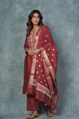 A women wearing dark red pure chanderi printed salwar suit, ethnic wear for women