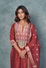 A women wearing dark red pure chanderi printed salwar suit, ethnic wear for women