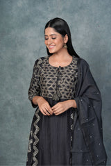 A women wearing midnight blue printed pure chanderi salwar suit, ethnic wear for women