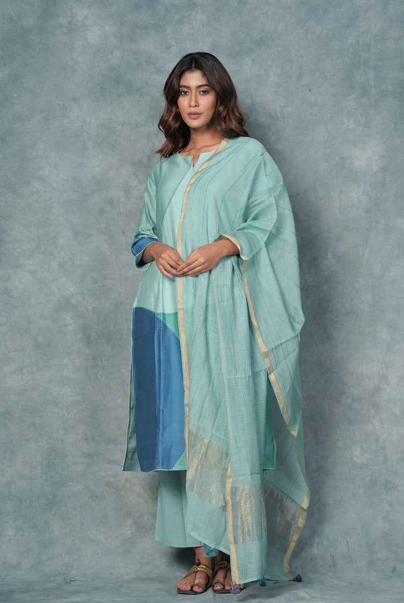 A women wearing blue pure chanderi kurti, ethnic wear for women