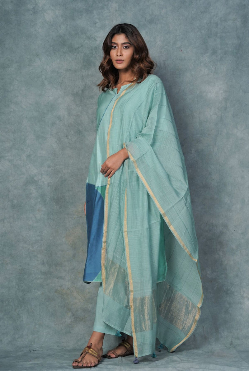 A women wearing blue pure chanderi kurti, ethnic wear for women