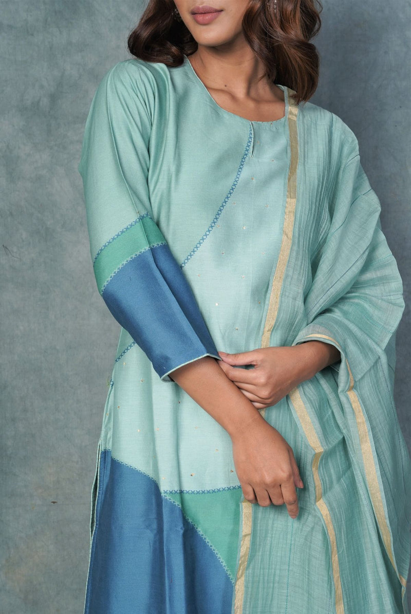 A women wearing blue pure chanderi kurti, ethnic wear for women