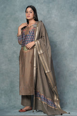 A women wearing brown pure chanderi ethnic salwar suit, party wear for women