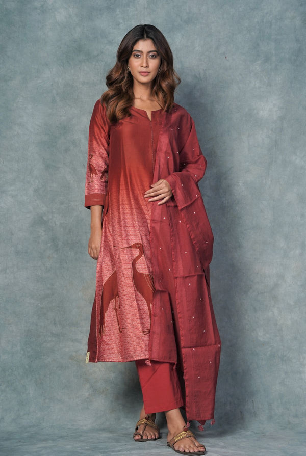 A women wearing red pure chanderi printed salwar suit, ethnic wear for women
