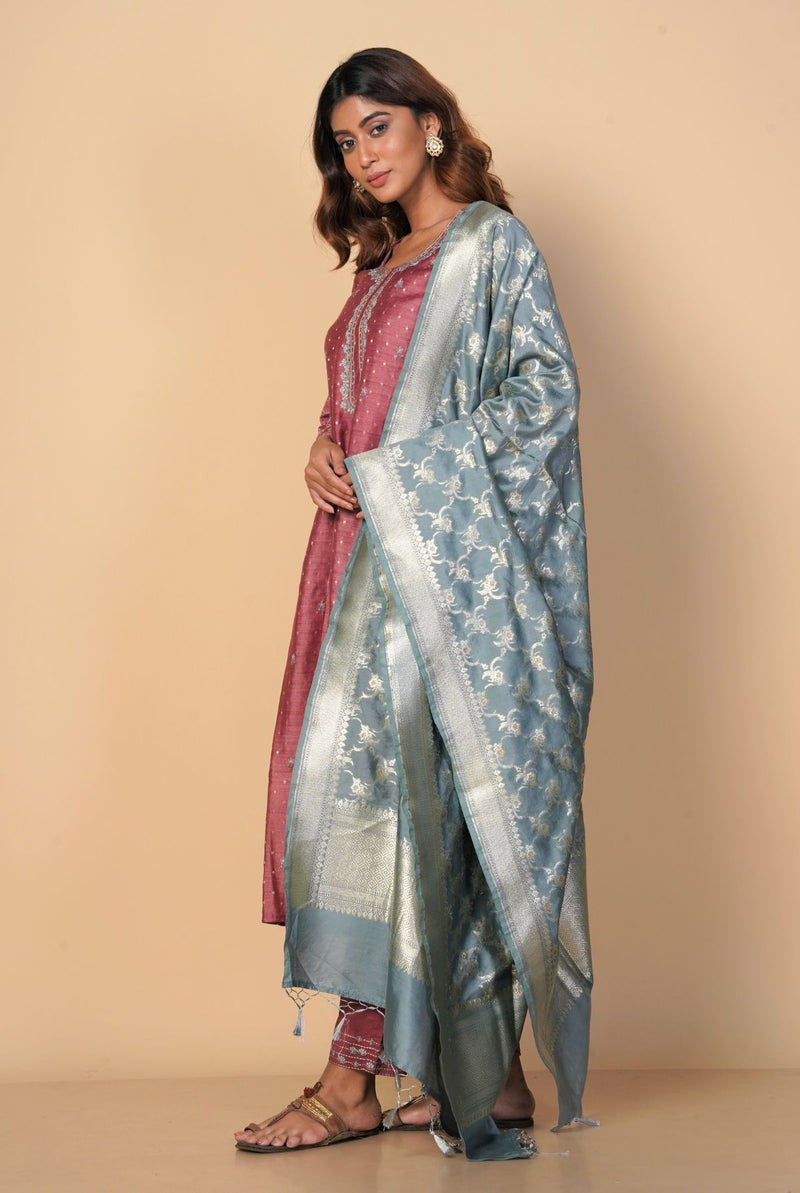 A women wearing gajri pure chanderi salwar suit paired with benarasi silk dupatta, ethnic wear for women
