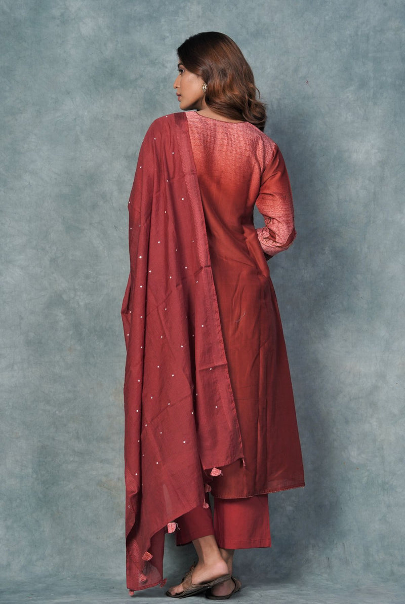 A women wearing red pure chanderi printed salwar suit, ethnic wear for women