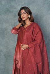 A women wearing red pure chanderi printed salwar suit, ethnic wear for women