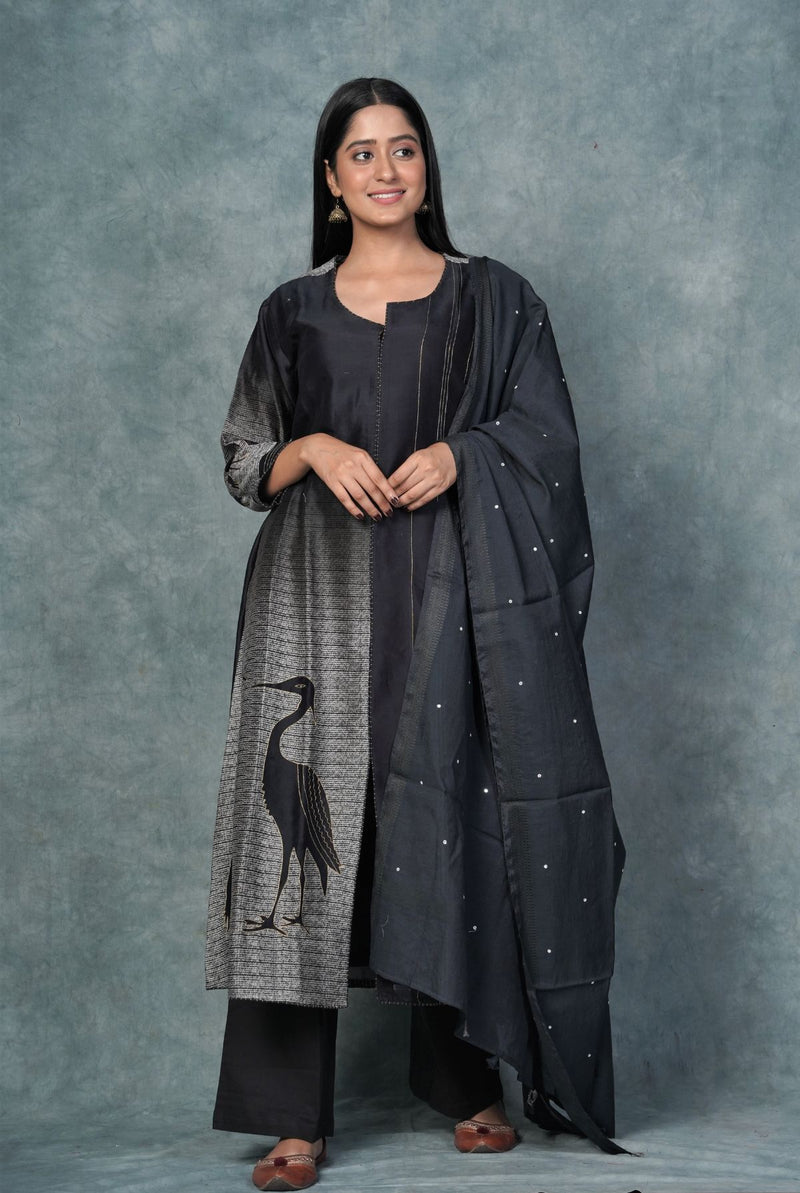 A women wearing midnight blue pure chanderi printed salwar suit, ethnic wear for women