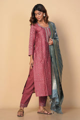 A women wearing gajri pure chanderi salwar suit paired with benarasi silk dupatta, ethnic wear for women