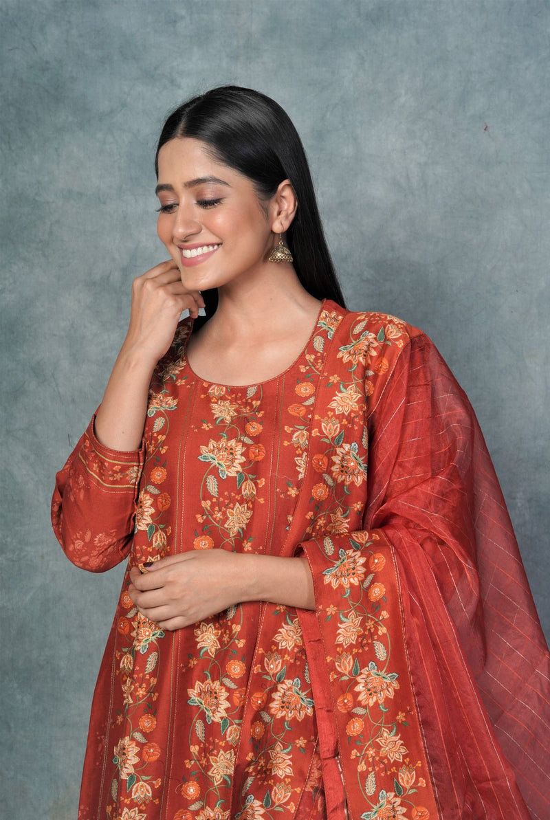 A women wearing brick red pure chanderi printed salwar suit, ethnic wear for women