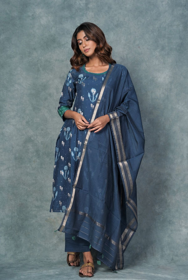 A women wearing deep blue pure chanderi printed salwar suit, ethnic wear for women