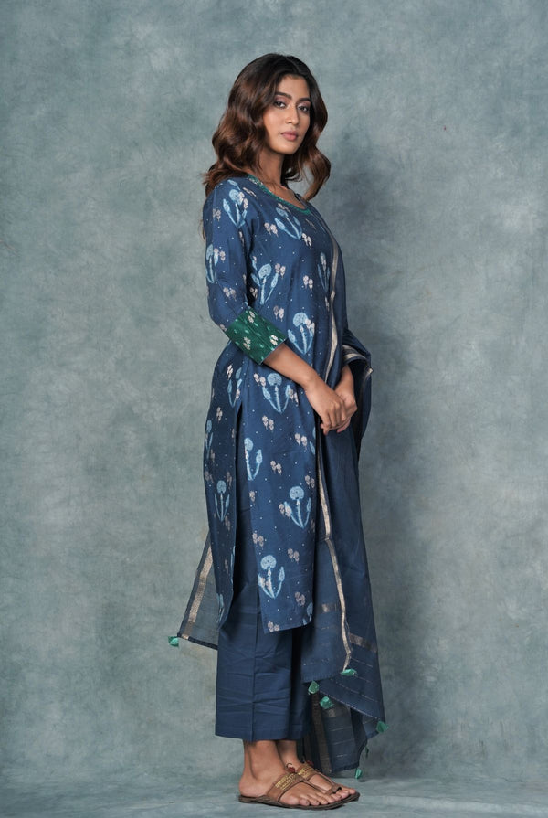 A women wearing deep blue pure chanderi printed salwar suit, ethnic wear for women