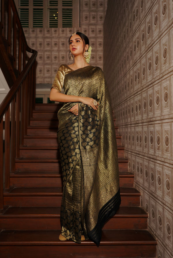 A woman wearing black pure crepe saree, latest saree, new saree collection