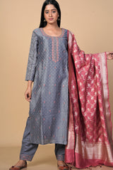 A women wearing grey pure chanderi salwar suit paired with benarasi silk dupatta, ethnic wear for women