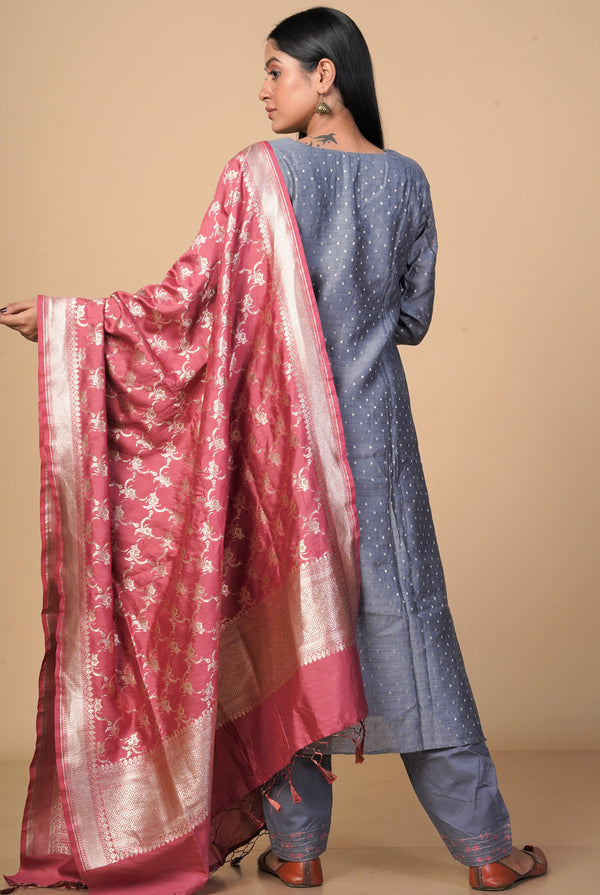 A women wearing grey pure chanderi salwar suit paired with benarasi silk dupatta, ethnic wear for women